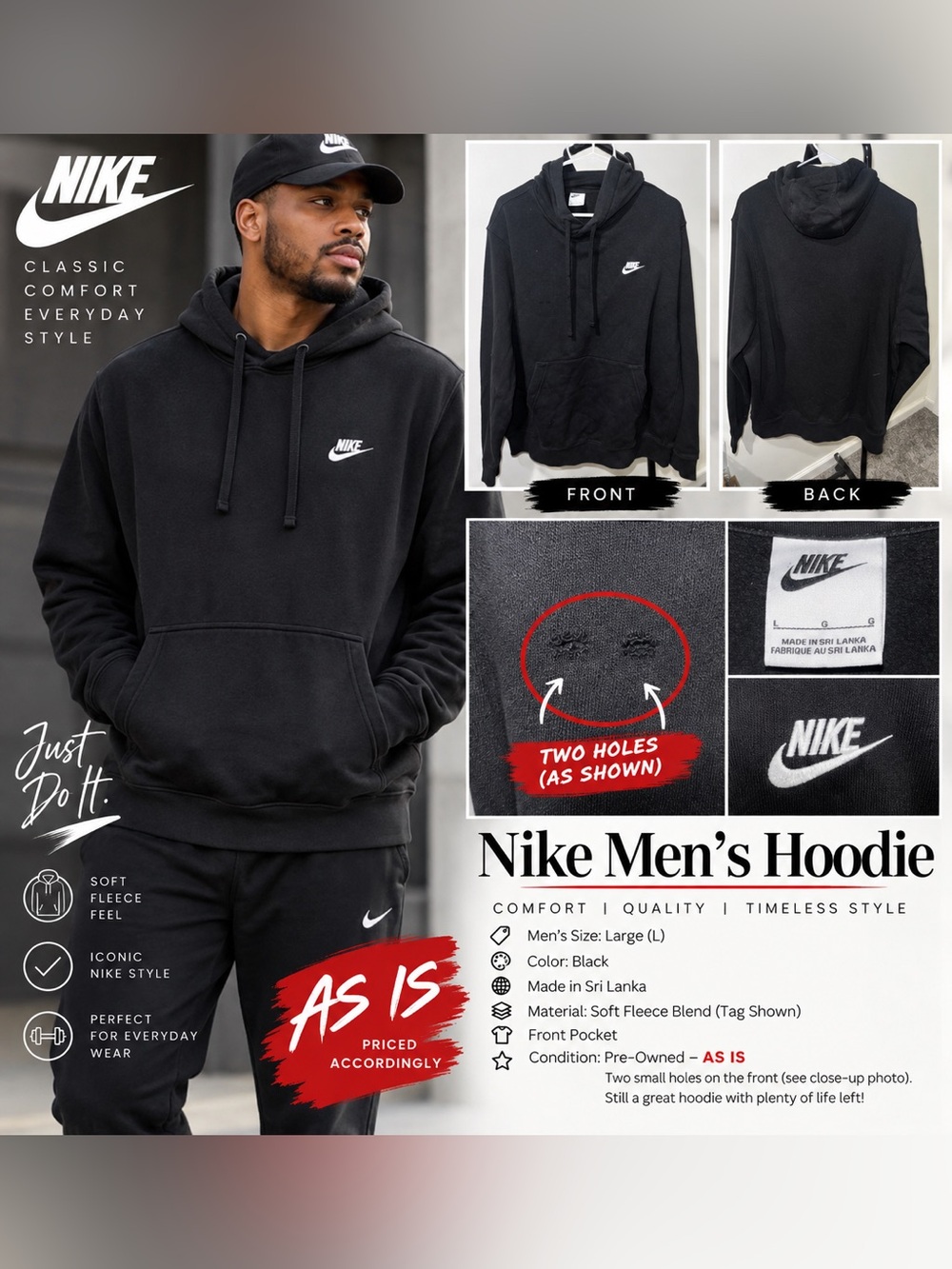 Nike Men’s Black Pullover Hoodie - Classic Swoosh size large- Damaged AS IS